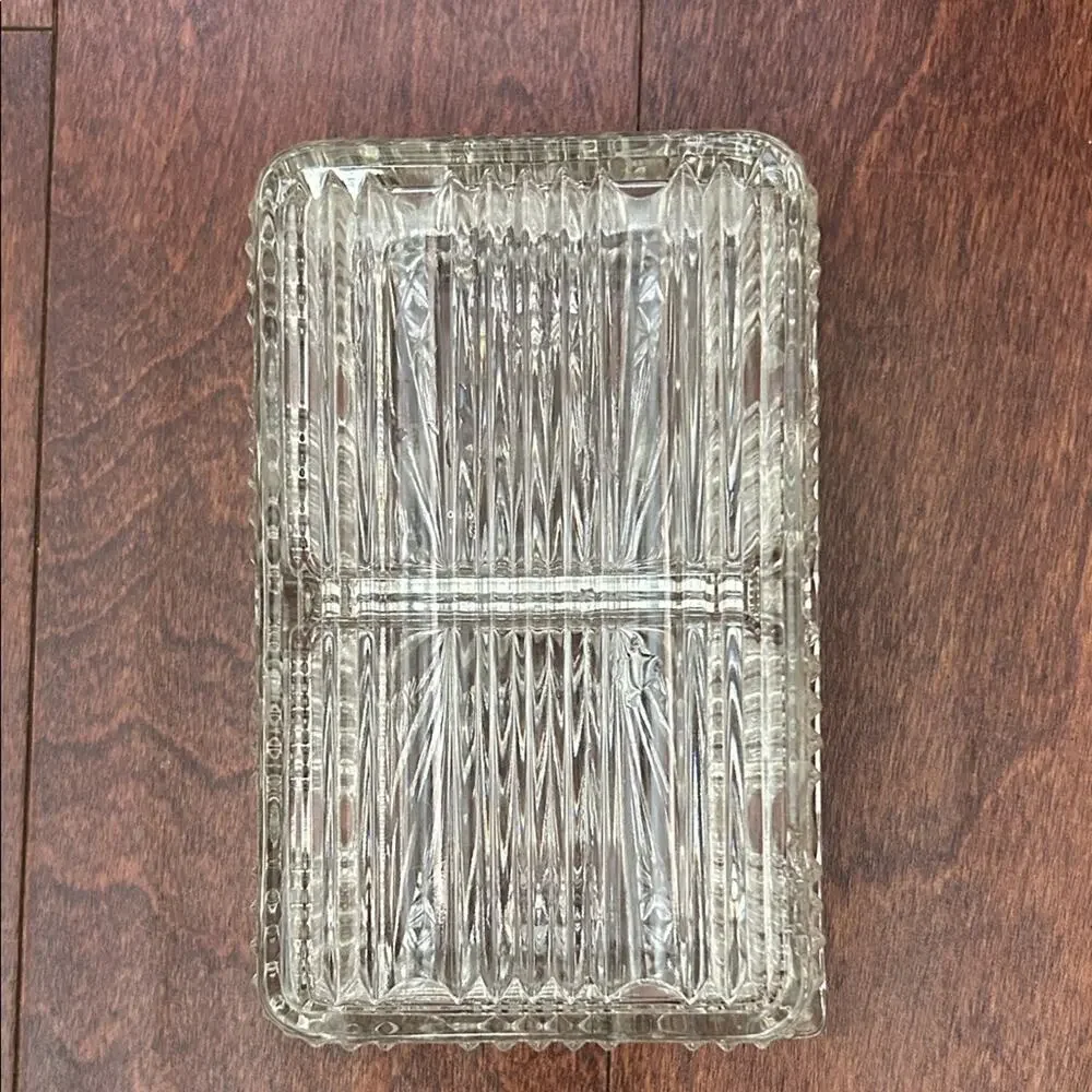 Vintage Clear Glass Jewelry Box or Catch All, Divided into Two Compartments,